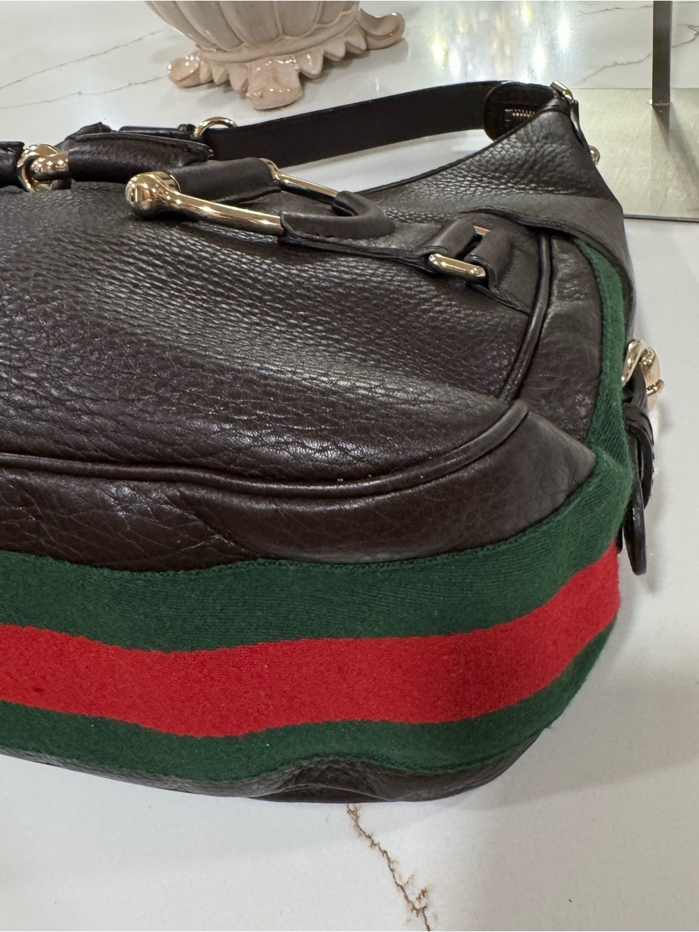 GUCCI Heritage Horsebit Hobo Brown Leather Shoulder Bag with Sherry Line - Picture 12 of 16